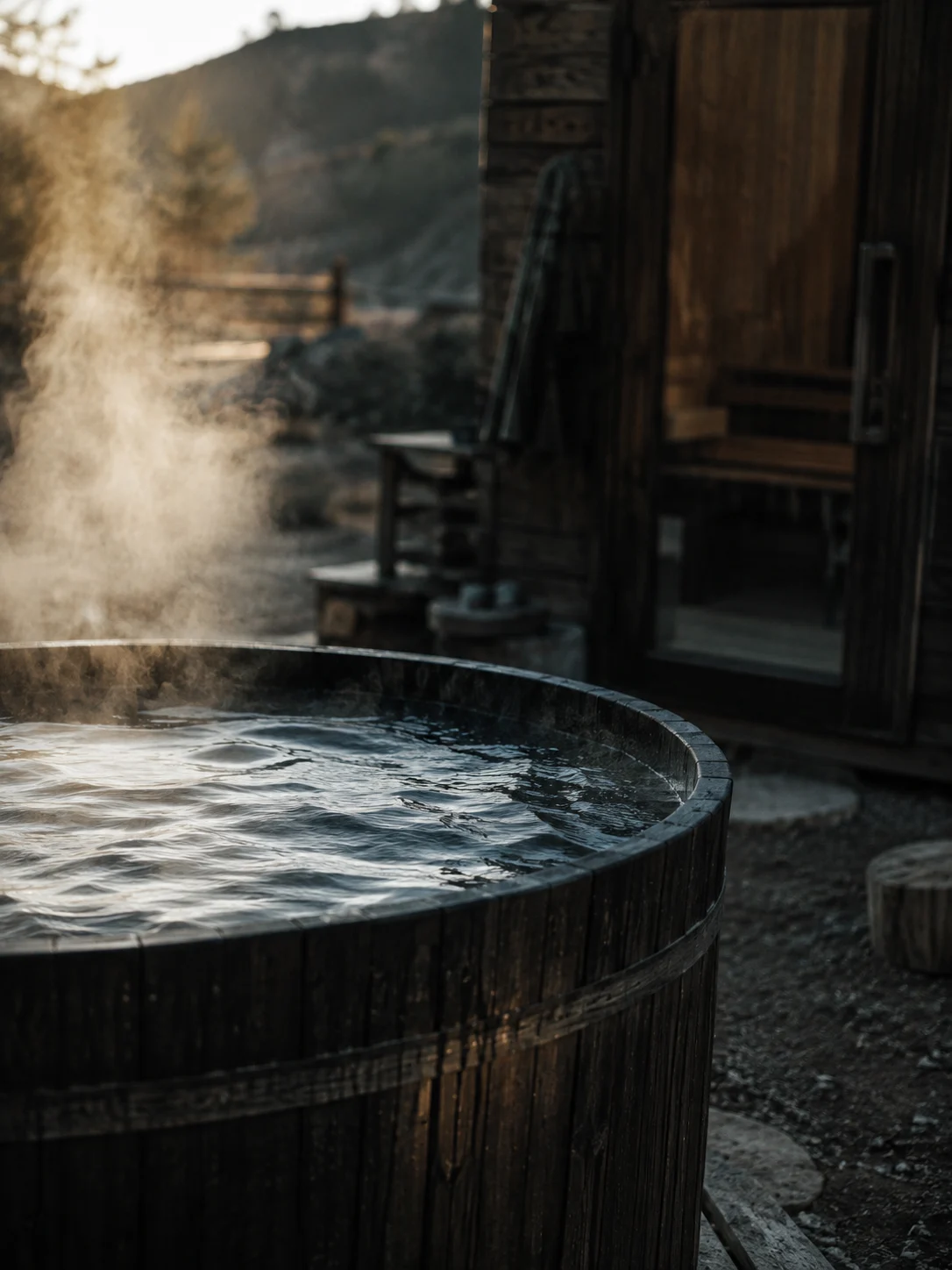 Outdoor cold plunge and sauna at a men's retreat